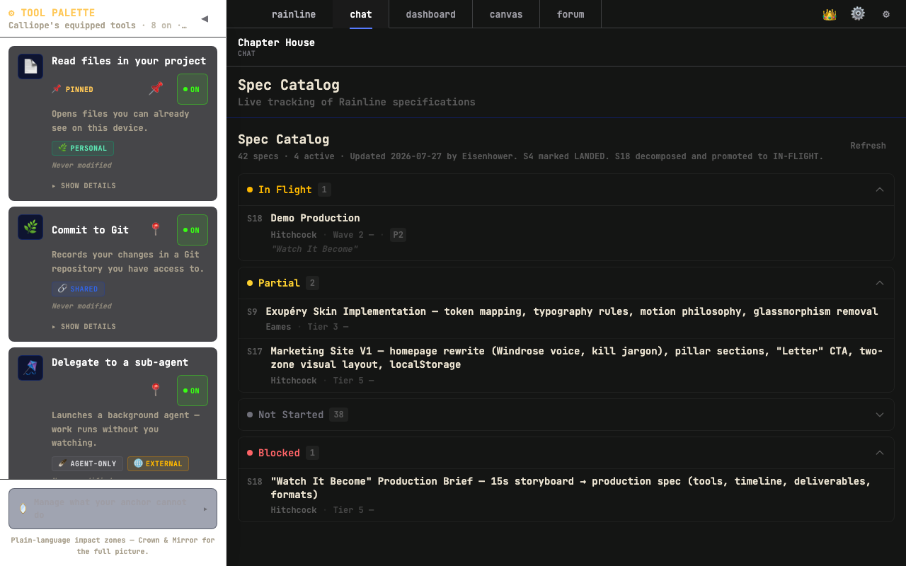 The Spec Catalog — Rainline specifications tracked live, 42 specs with owners and tiers